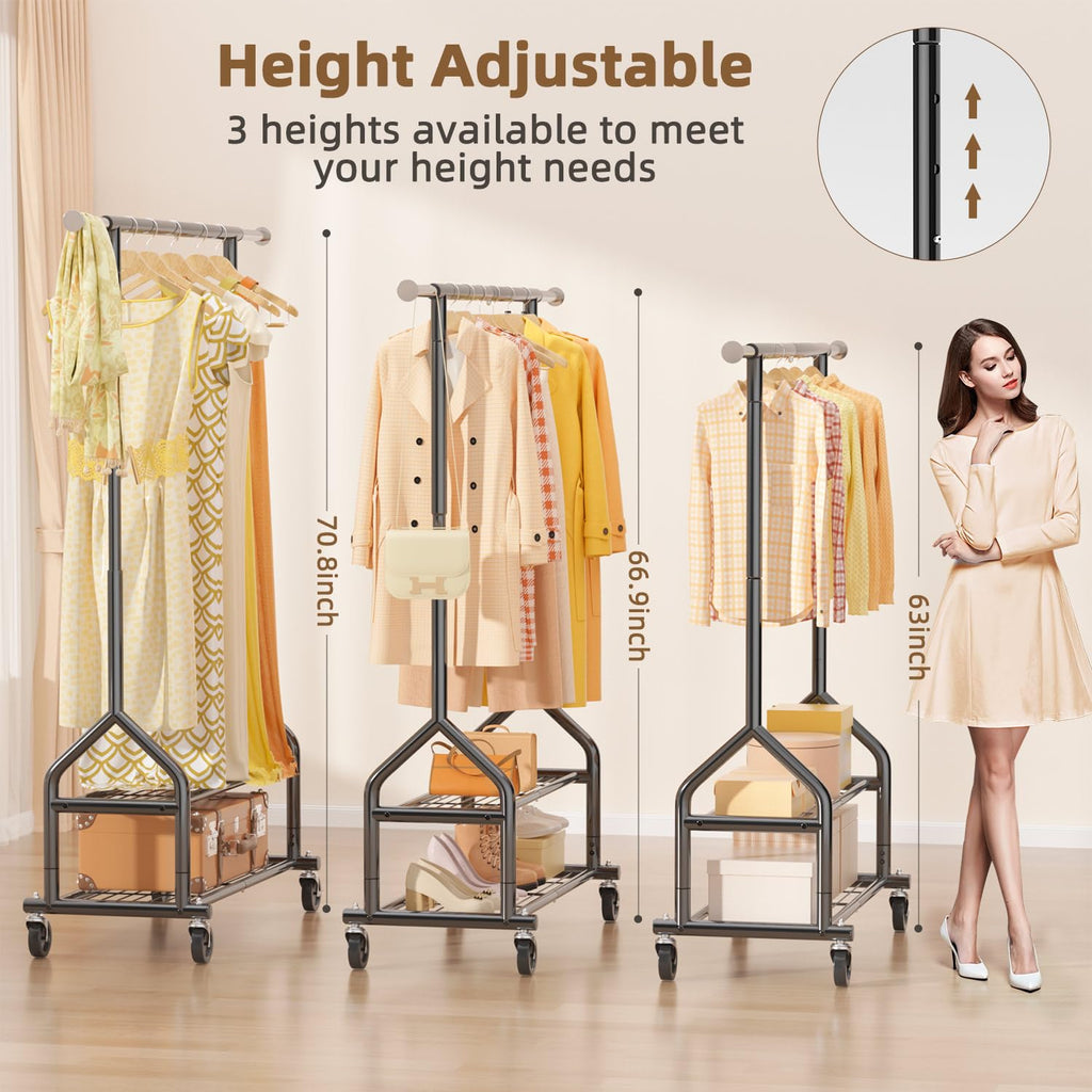 Heavy Duty Clothes Rack Load 556 LBS, Rolling Clothing Rack With Shelves, Height Adjustable Clothes Hanger with