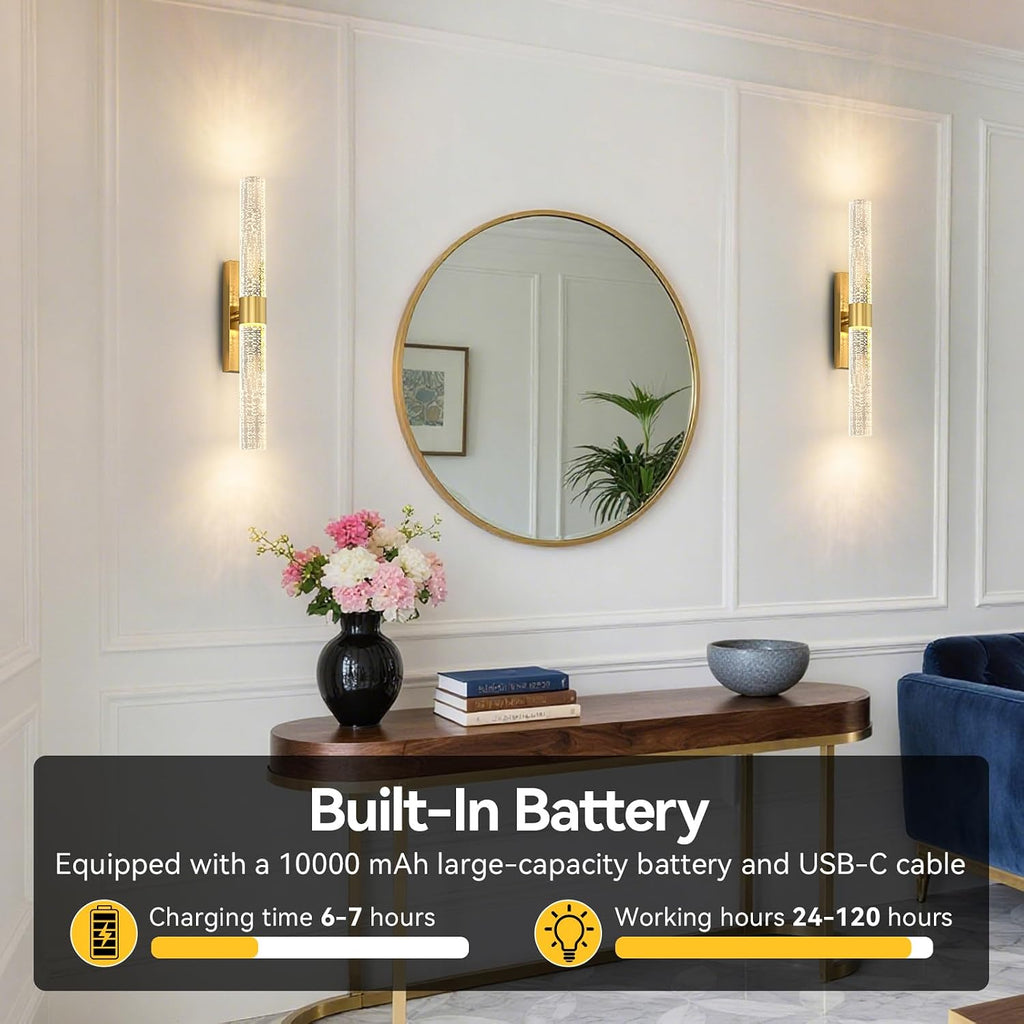 Battery Operated Wall Sconces Set of 2, 10000mAh Gold Rechargeable Wall Lights with Remote, Dimmable Wireless Wall