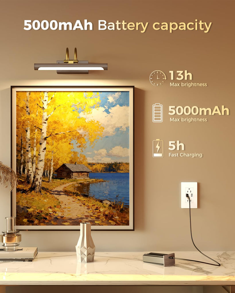 Picture Light, 12.6′′ Wireless Battery Operated Rechargeable LED Wall Light with Remote, Dimmable Art Light