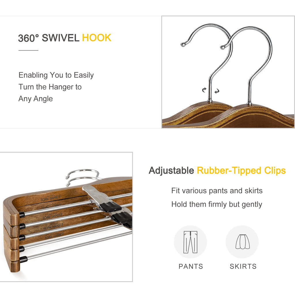 Wooden Pants Hangers, Slim Natural Wood Skirt Hangers with Anti-Rust Hook and Adjustable Metal Clips, Perfect for