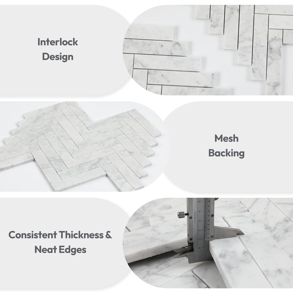 Carrara White Natural Marble Mosaic Tile, Polished, 5 Sheets