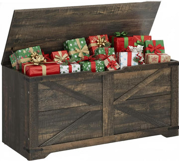 Wooden Storage Bench, Farmhouse Storage Chest with Safety Hinges, Entryway Shoe Organizer, Multi-Use Storage