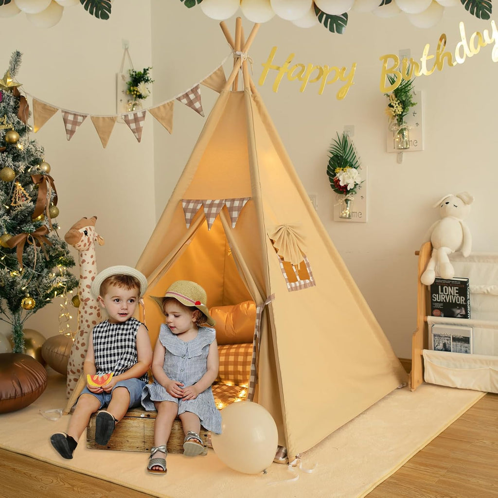 Teepee Tent with Padded Mat Bunting Banner Fairy Lights - Print Gingham Kids Play Tent with Carry Bay for Indoor