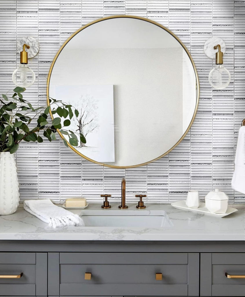 Striped Linear Glass Tile White & Silver 11.8x11.8 4.83 sq ft 5-Pack | Mesh-backed sheets. Kitchen backsplash