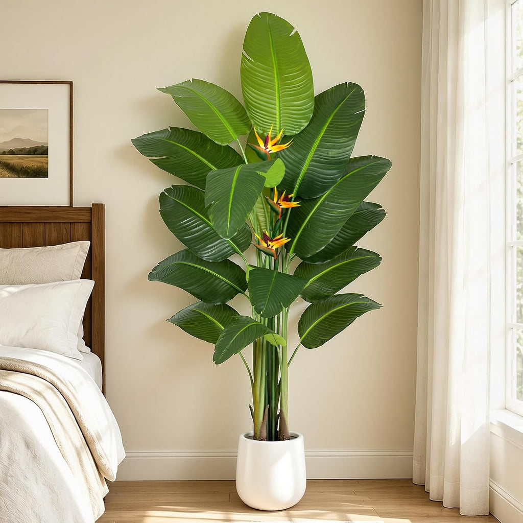 Bird of Paradise Artificial Plant in White Pot, 7ft Tall Faux Banana Leaf Tree with 3 Tropical Bird Flowers & 15