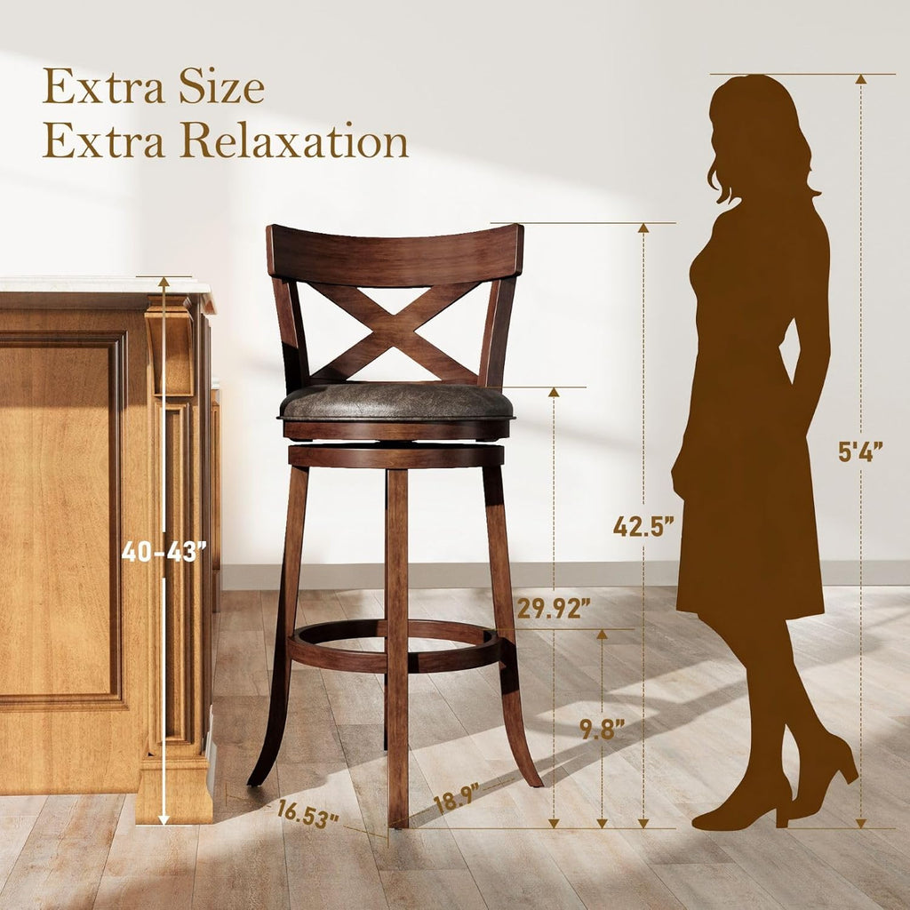 Swivel Bar Stools Set of 4, 30 Inch Bar Height Barstools with Cross Back & Solid Wood Legs,Faux Leather