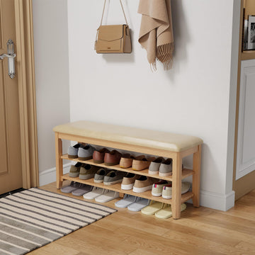 2 Tier Shoe Bench with Leather Cushion, Shoe Rack