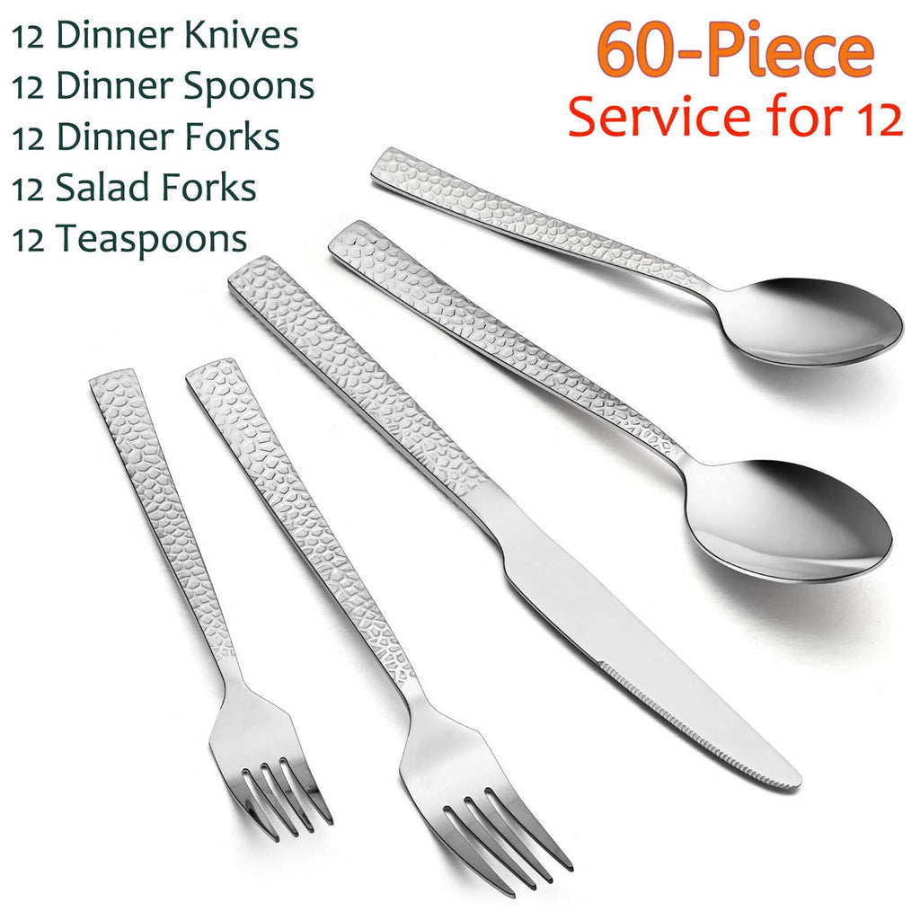 60-Piece Silverware Set, Hammered Stainless Steel Square Flatware Cutlery Set for 12, Tableware Set Eating Utensils