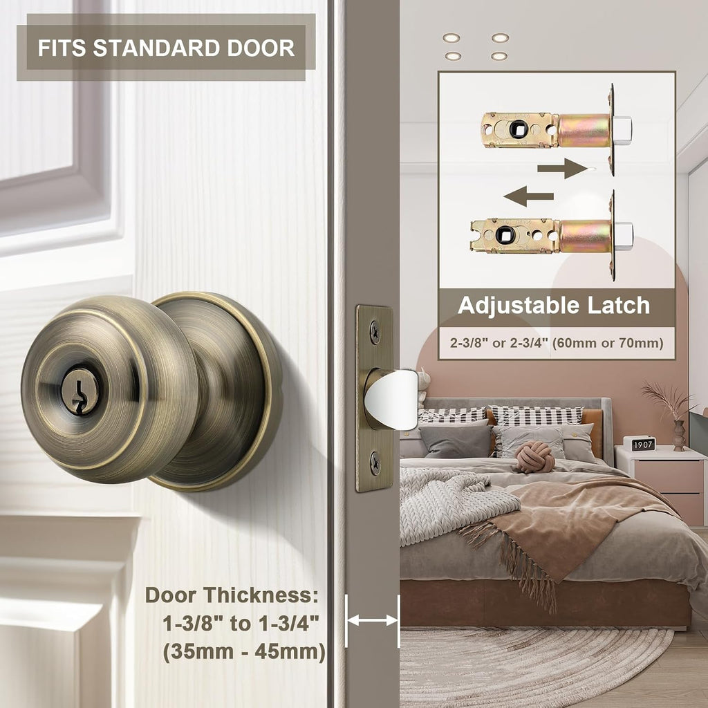 Entrance Door Knobs Door Lock Keyed Alike Lockset Antique Brass Same Key Round Ball Entry Door Knobs Pack of 2
