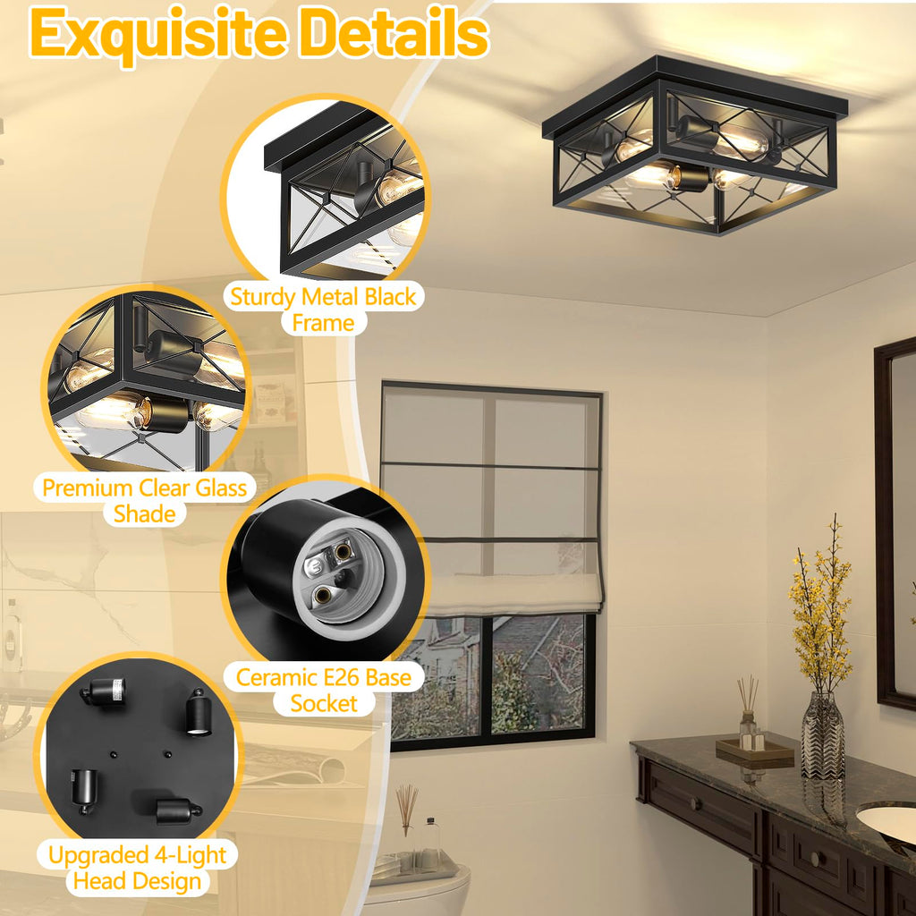 12" Square Flush Mount Ceiling Light with Clear Glass Shade, 4-Light Farmhouse Outdoor Porch Ceiling Light Fixtures