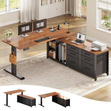 L Shaped Electric Standing Desk, 55" x 55" Height Adjustable Corner Office Desk with 6 Fabric Drawers and Storage
