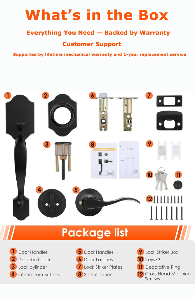 Matte Black Front Door Handle and Deadbolt Set, Front Door Lock Set