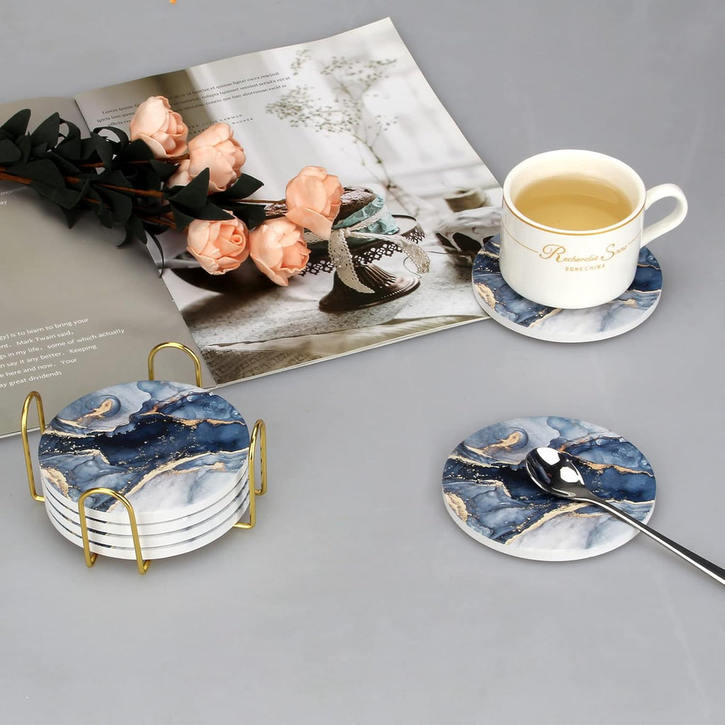 Coasters, Navy Blue Marble Abstract Ceramic Coasters with Holder - Set of 6