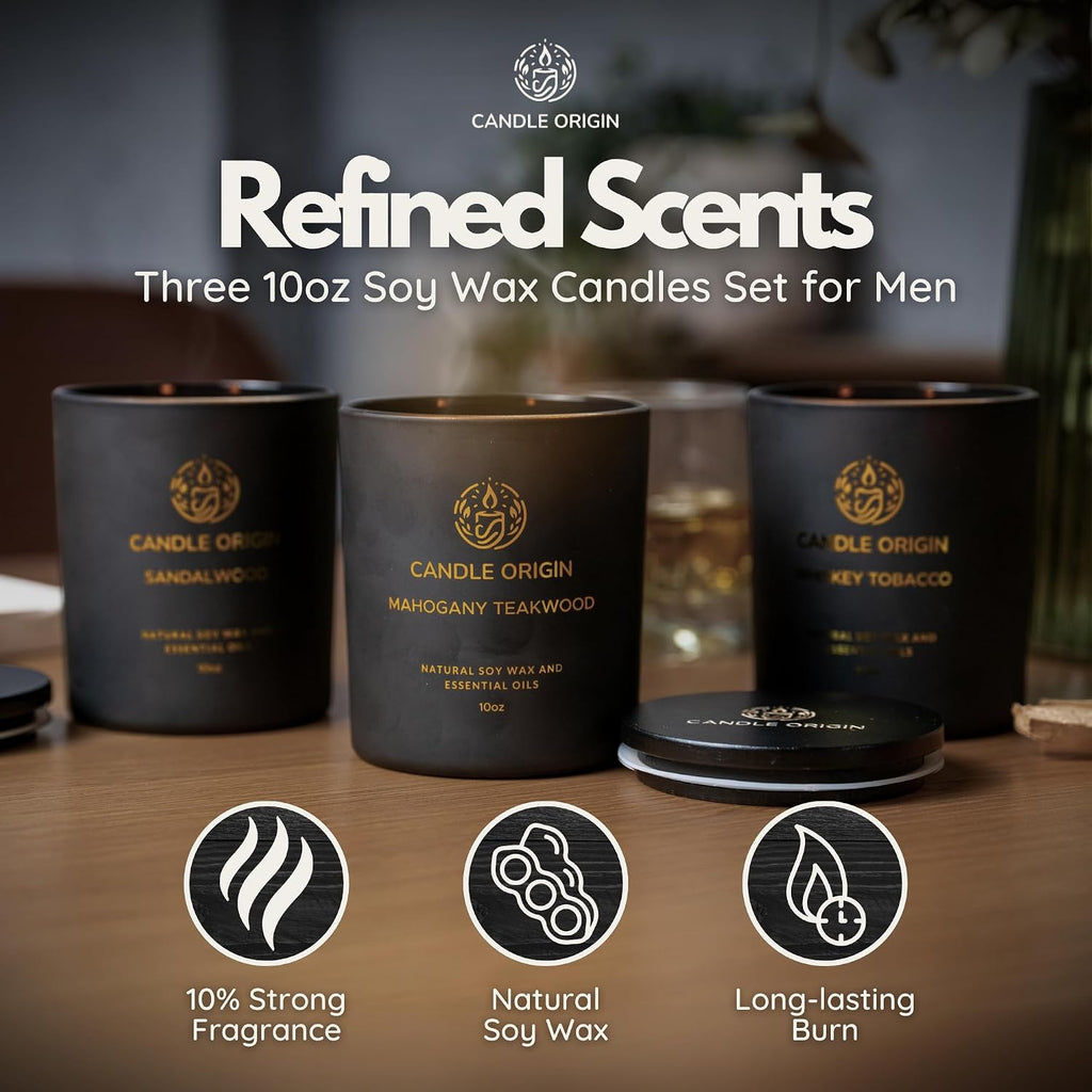 Luxury Candles for Men Gift Set (3×10oz) Masculine Scented Candles | Mahogany Teakwood, Whiskey Tobacco, Sandalwood