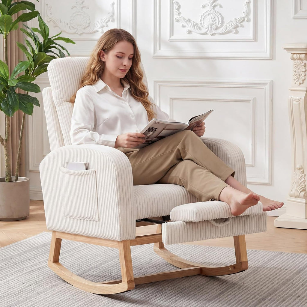 Nursery Rocking Chair, Corduroy Upholstered Rocking Chair with Adjustable Footrest, Tufted Rocker Chair with Side