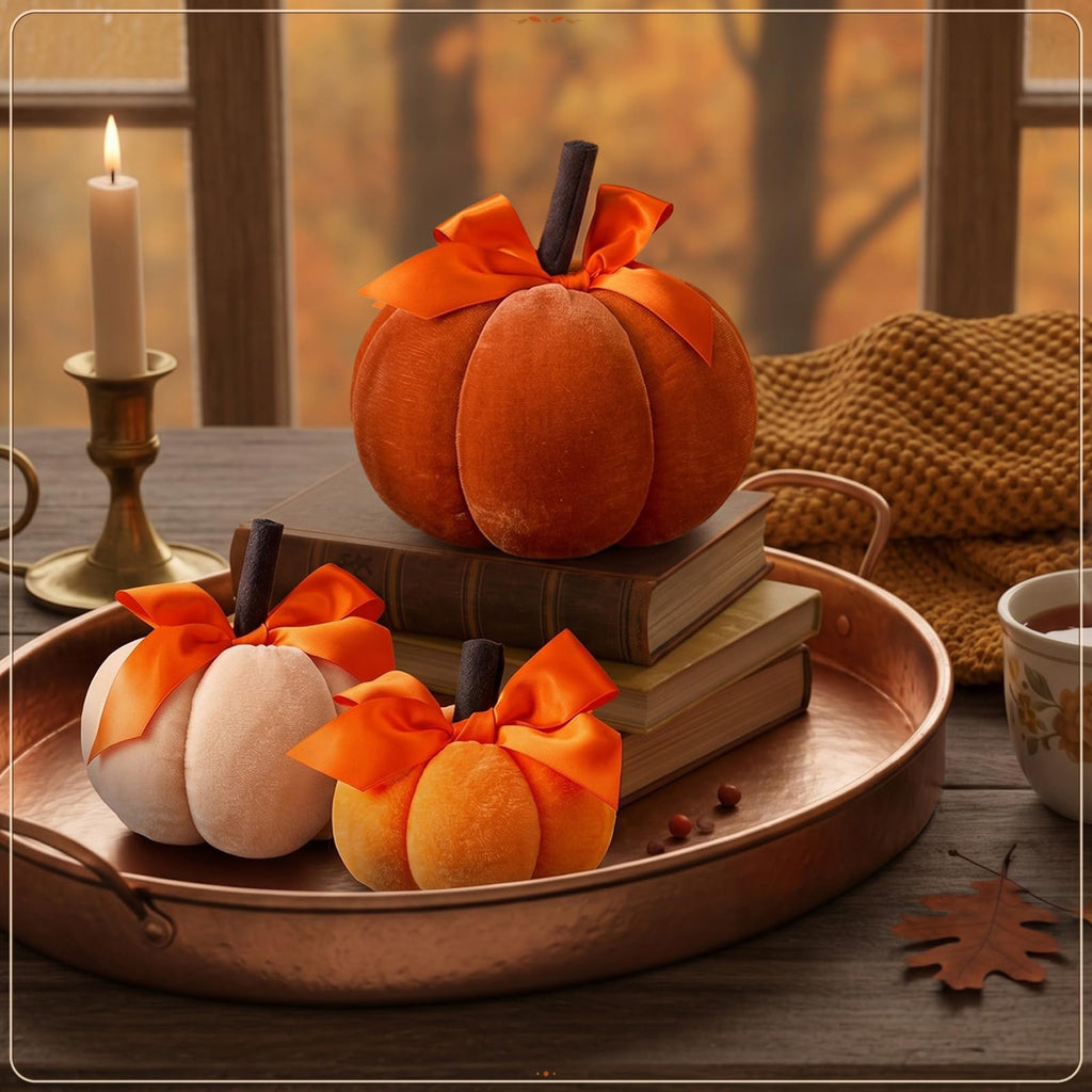 3 Pcs Fall Pumpkins Decor Velvet Farmhouse Pumpkins Decorative