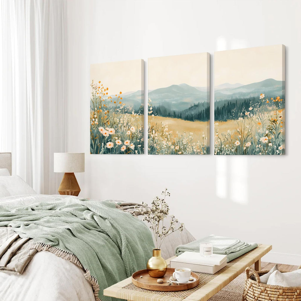 Boho Mountain Flower Wall Art Green Daisy Landscape Canvas Wall Decor Abstract Wildflower Art Prints Watercolor