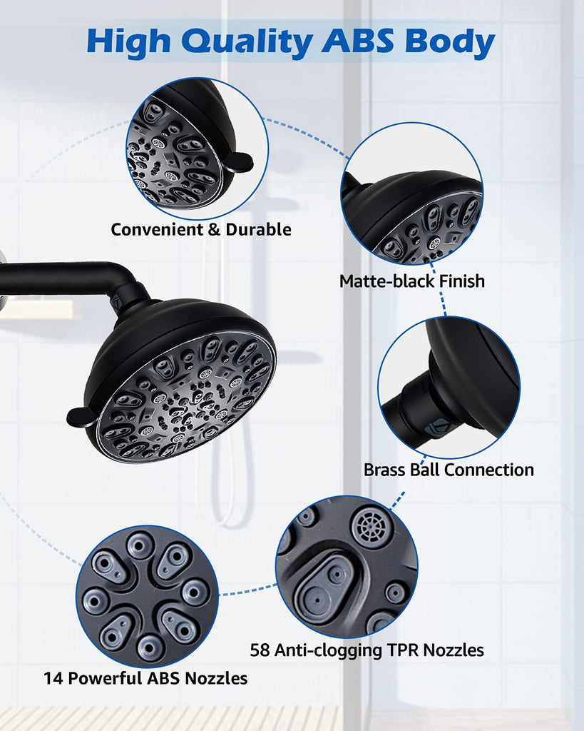 High Pressure Shower Head 4.7" Rain Fixed Showerhead 7-Spray Setting with Adjustable Brass Swivel Ball Joint