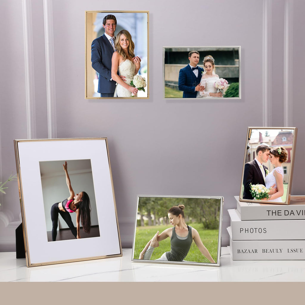 5x7 Double Hinged Picture Frame, Metal Beaded Design, Gold