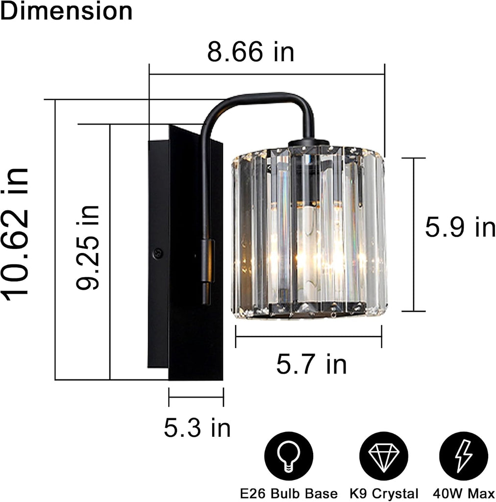 Crystal Wall Sconces,Black Sconce Wall Light Fixtures Modern Sconces Wall Lighting Single Indoor Wall Sconce for