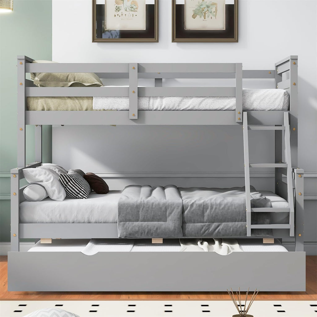 Trundle Bunk Bed, Twin Over Full Wood Bunk Bed with Twin Trundle, Solid Wood Bunk Bed Frame with Guardrail and Ladder