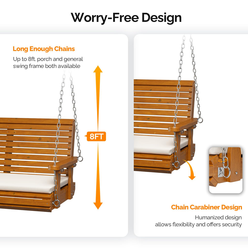 Wooden Porch Swing, Heavy Duty 880 LBS Hanging Patio Bench with Extra Cushion for Lawn| Garden| Courtyard (Brown, 4