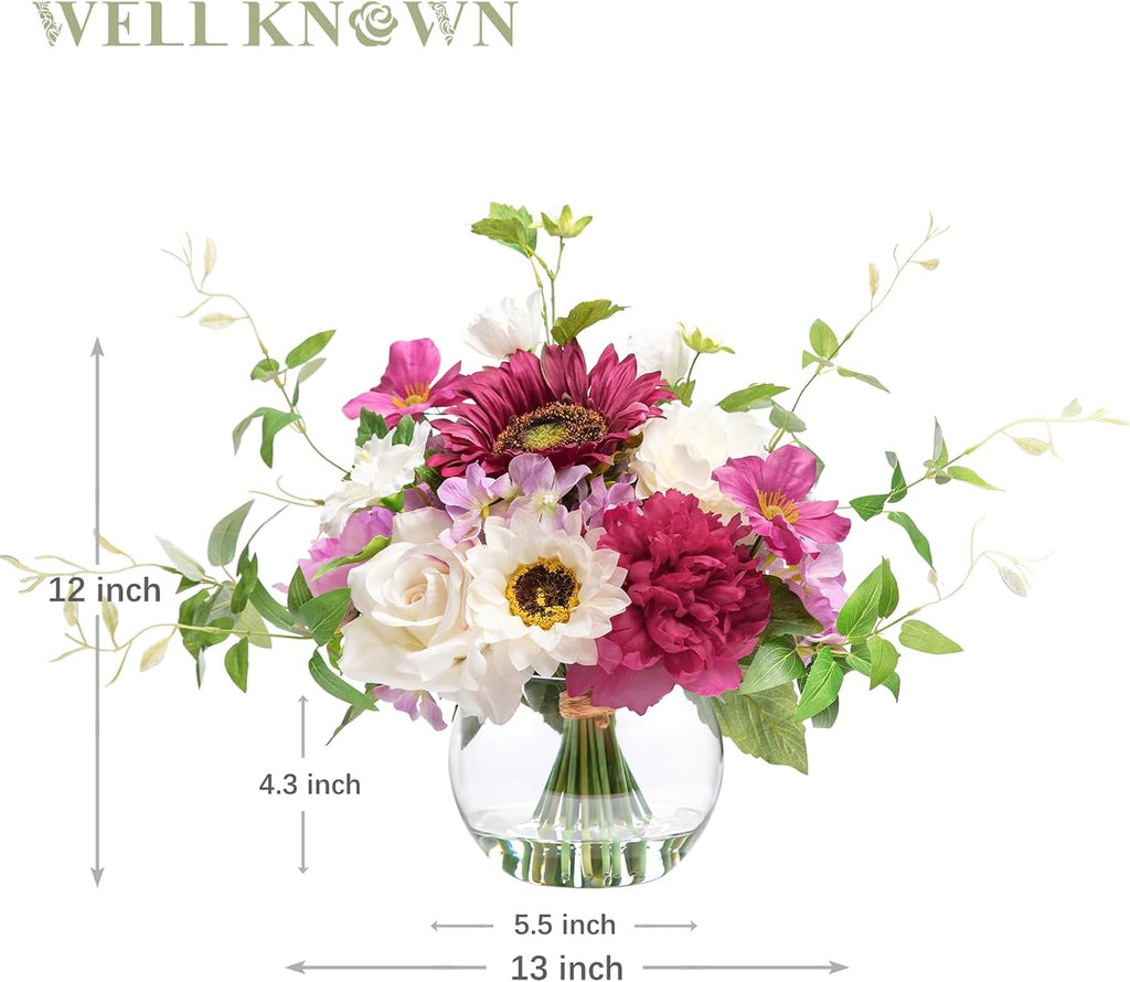 Artificial Flowers Centerpieces in Glass Vase with Fake Water, Silk White Rose Sunflowers Peony Bouquet with Vase for
