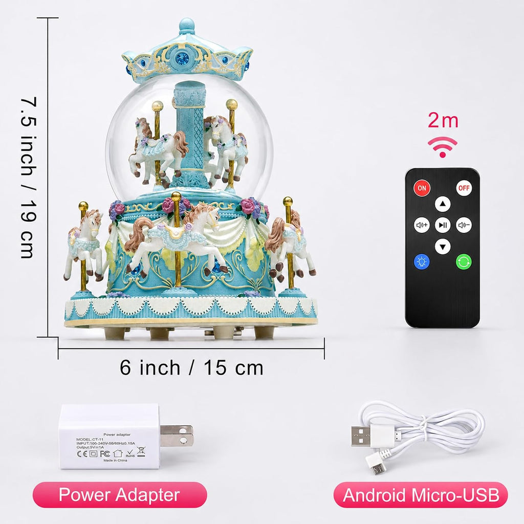 Blue Carousel Snow Globe Music Box with Remote Control, 64 Melodies, LED Lights, Rotating Horse Musical Snow Globe