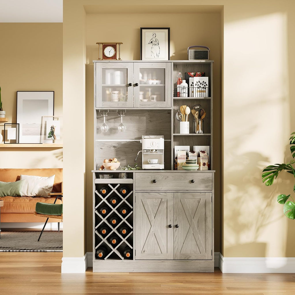 Contemporary Upright Storage Cabinet with Wine Bottle Rack | Built-in Outlet Spacious Shelves Multi-Functional