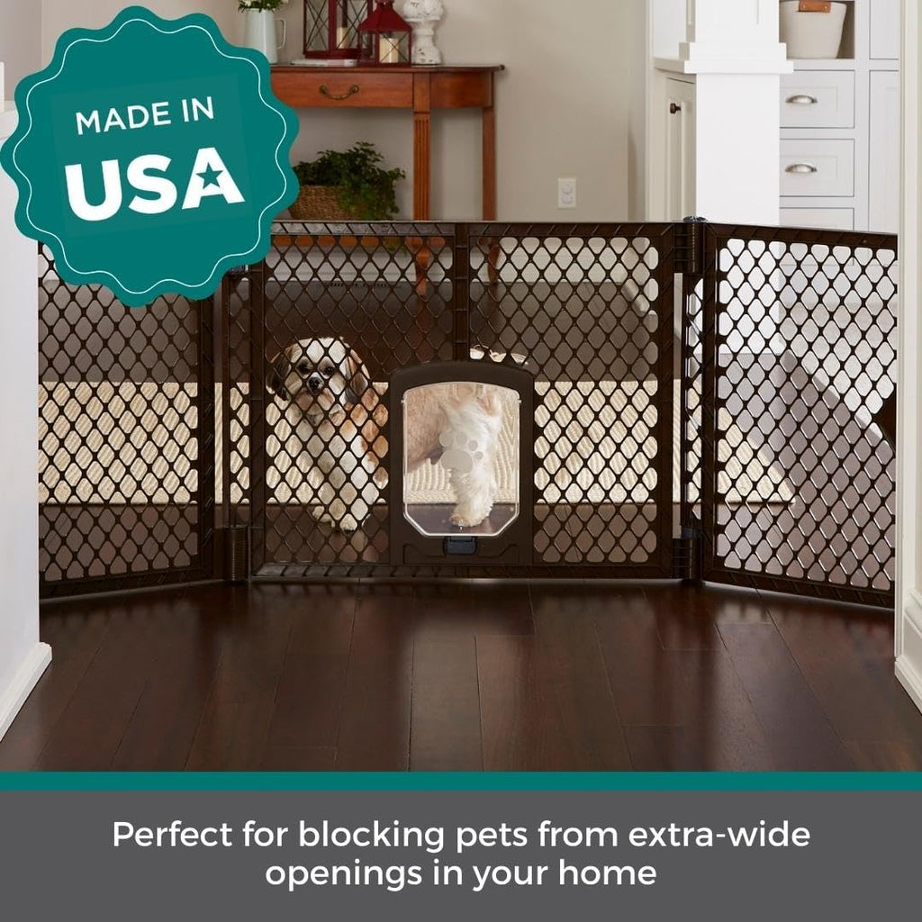 Extra Wide Dog Gate with Small Pet Door. 38.5" to 103.5" Wide. Cat Gate for Doorway. Made in USA. 26" Tall, Brown