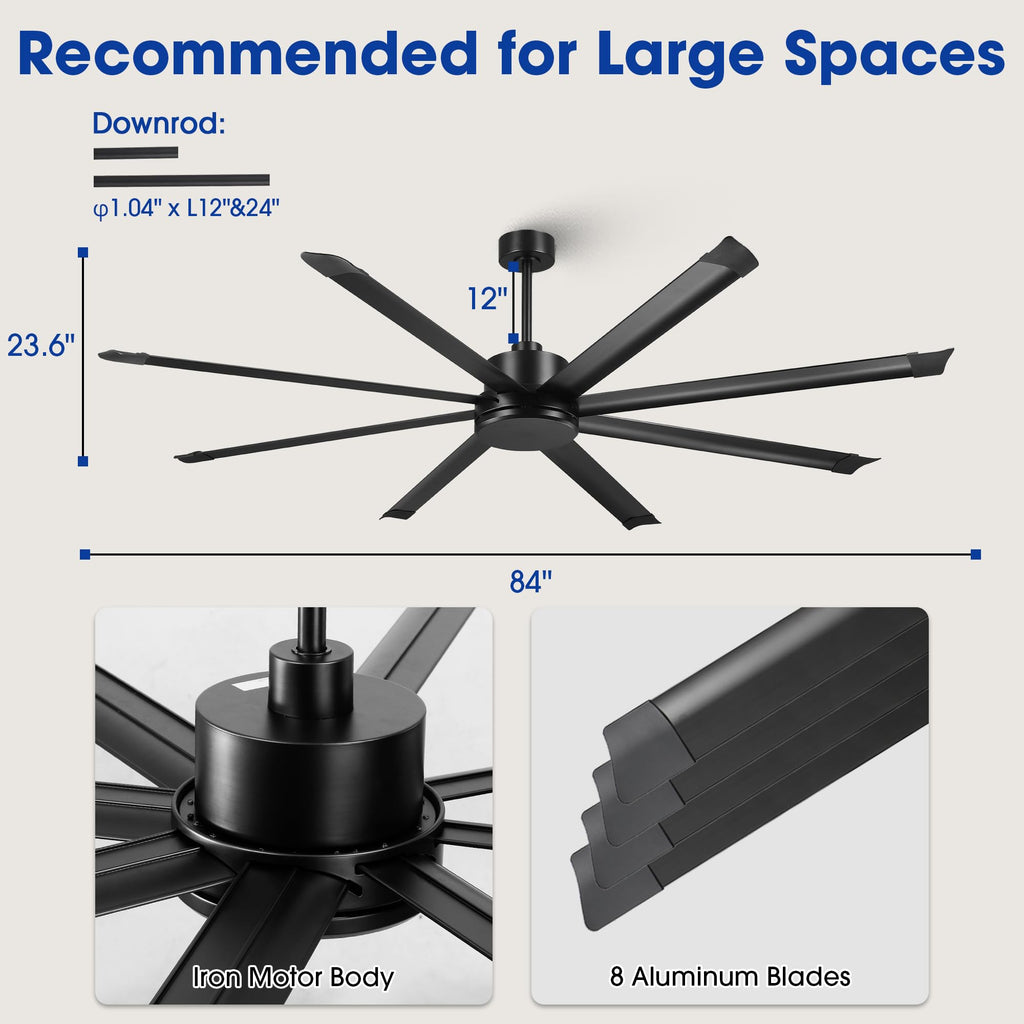 84 Inch Industrial Ceiling Fans No Lights, Large HVLS Ceiling Fan, Remote