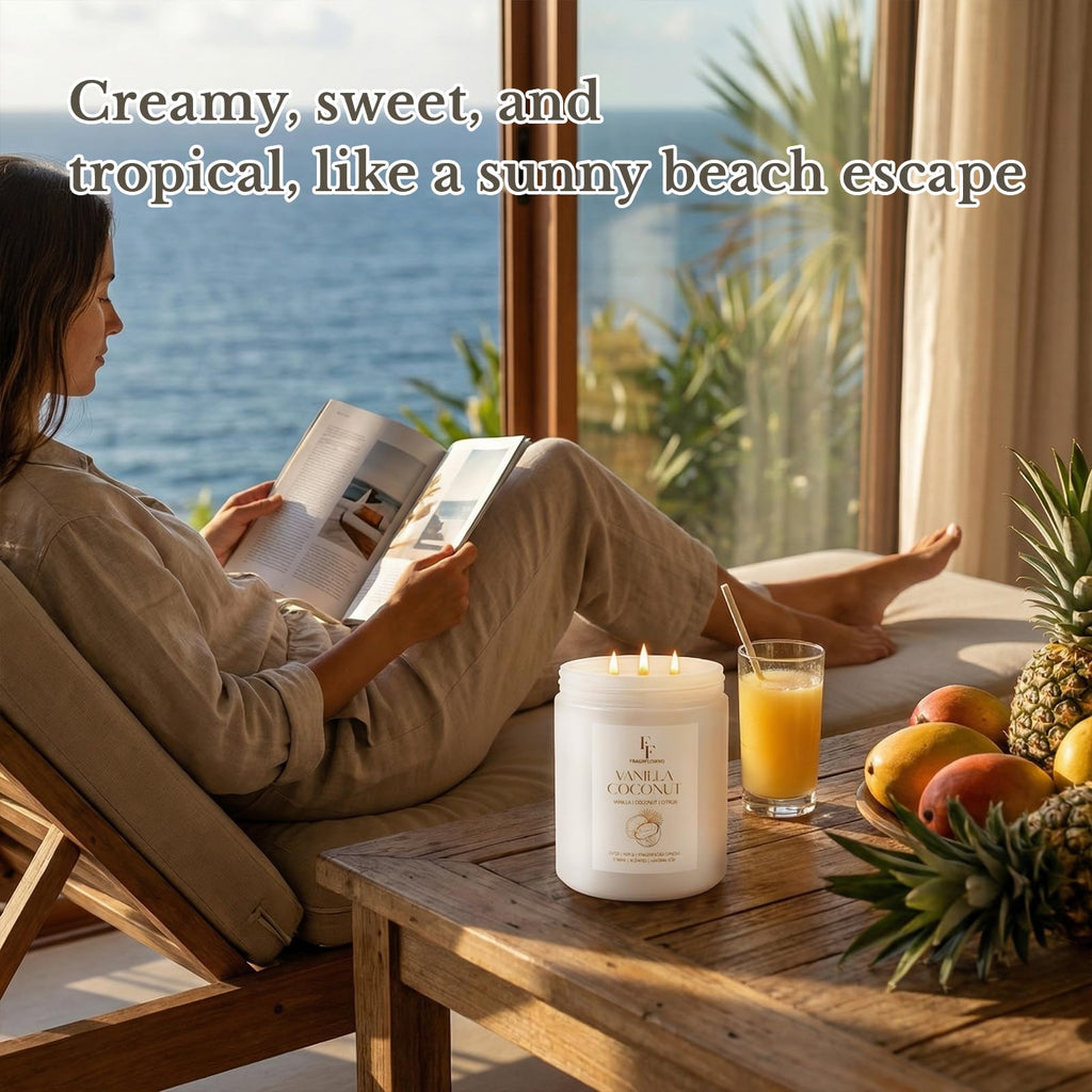 Vanilla Coconut Large Scented Candle, 3-Wick 22oz Long Lasting Scented Candle, Natural Soy Wax Aromatherapy Candle