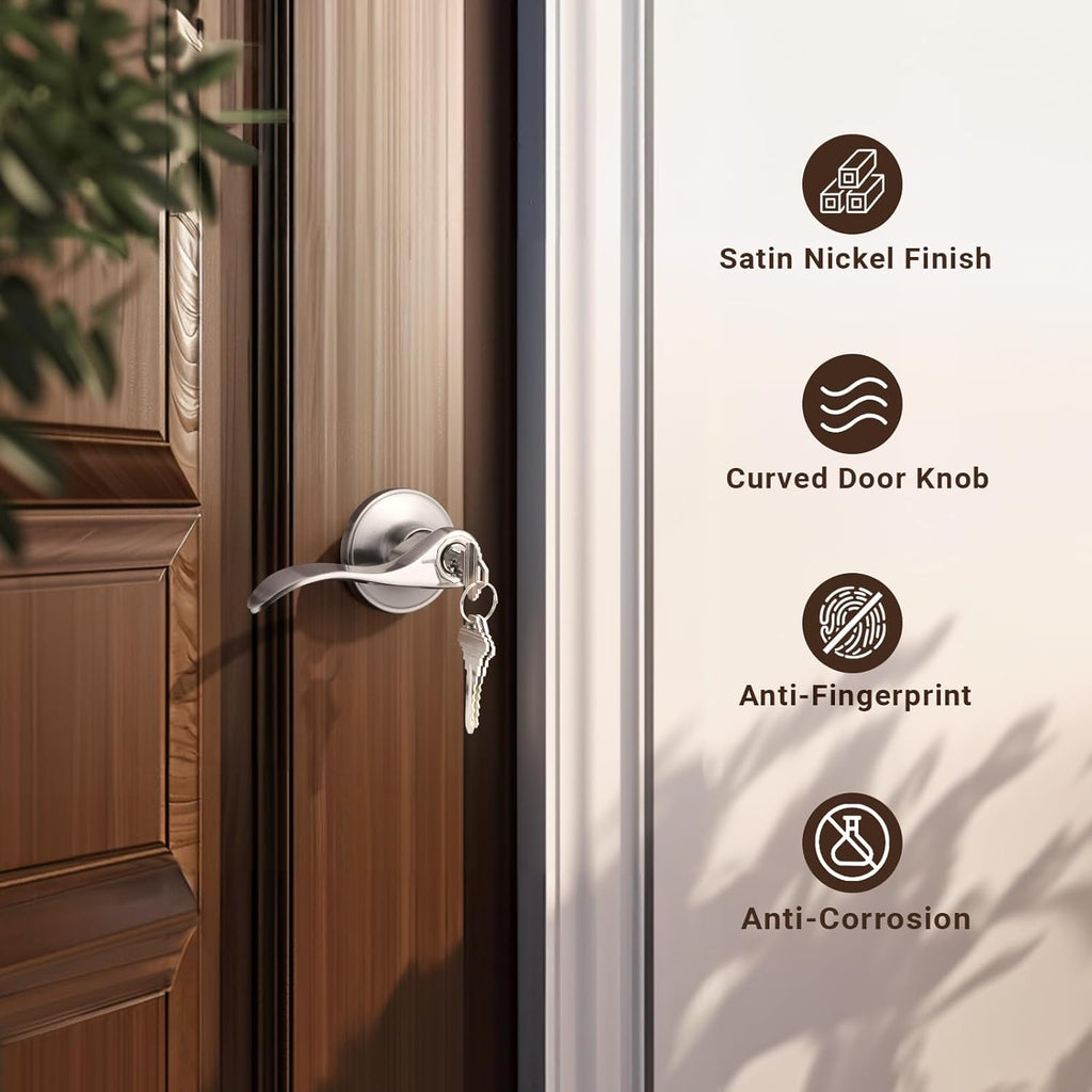 4 Pack Satin Nickel Entrance Door Handle, Wave Style Reversible Keyed Entry Door Lever Use, Keyed Alike
