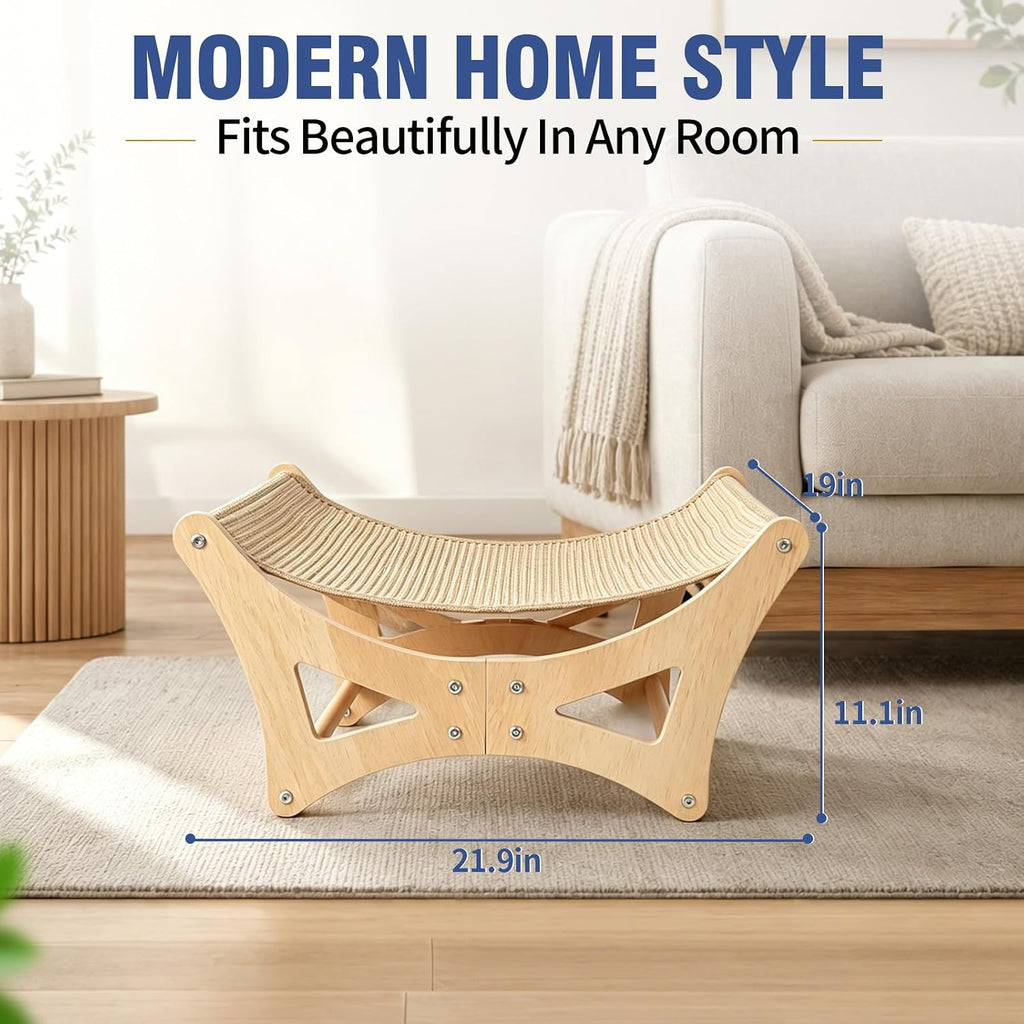 Cat Hammock Bed for Large Cats, Elevated Wooden Bed with Natural Sisal Scratching Mat, Cozy Lounge with Soft Cushion