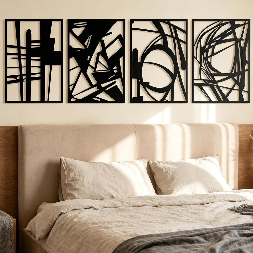 Black Metal Abstract Geometric Hollow Wall Sculpture Decor Set - Set of 4