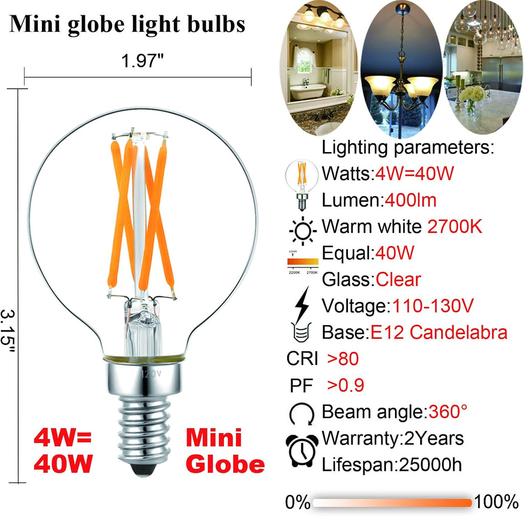 G16.5 E12 Candelabra Bulb 40 watt,Warm Light Bulbs,2700K,6Pack