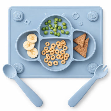 Suction Plates for Baby placemat Spoon Fork Set for Toddlers, Silicone Baby Plates with Suction Baby Dishes for Kids