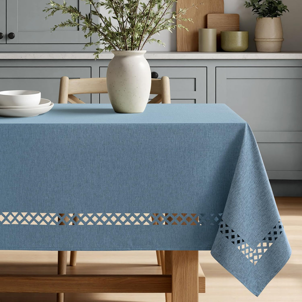 Dusty Blue Rectangle Tablecloth with Decorative Cutouts 52x70 Inch