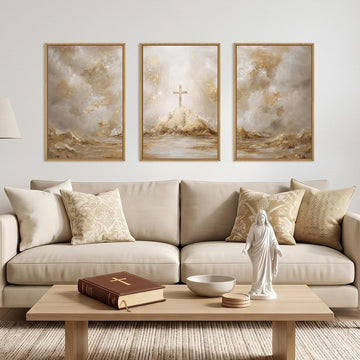 Abstract Christian Jesus Cross Canvas Wall Art Set 3, Gold Texture Religious Mountain Framed Print, Bible Verse