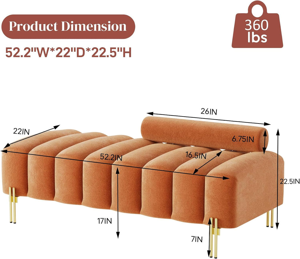 52" Velvet Bench Bedroom Ottoman Bench with Adjustable Back, Orange