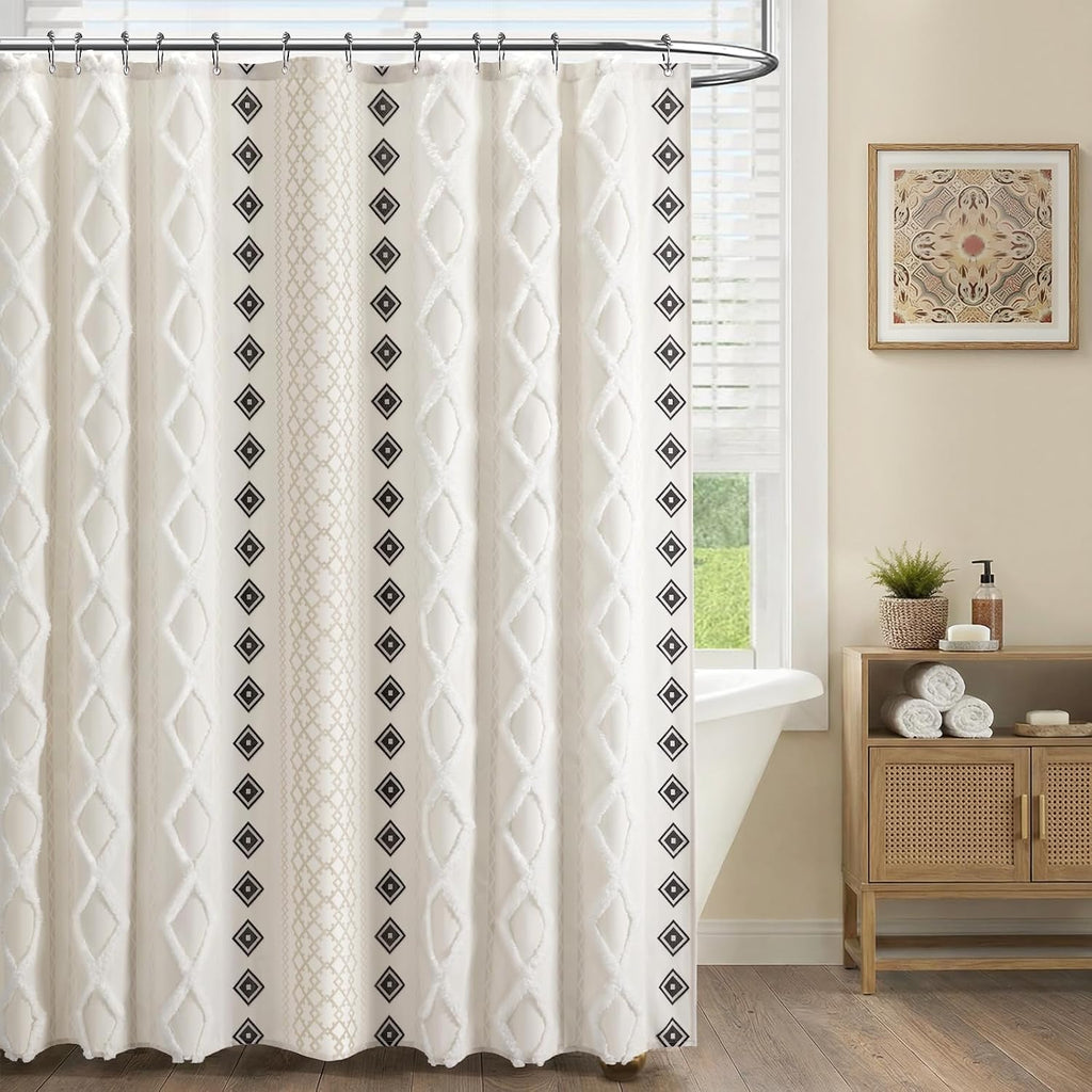 White Boho Cotton Shower Curtain,72" W x 72" L | Cotton Fabric with Striped Print