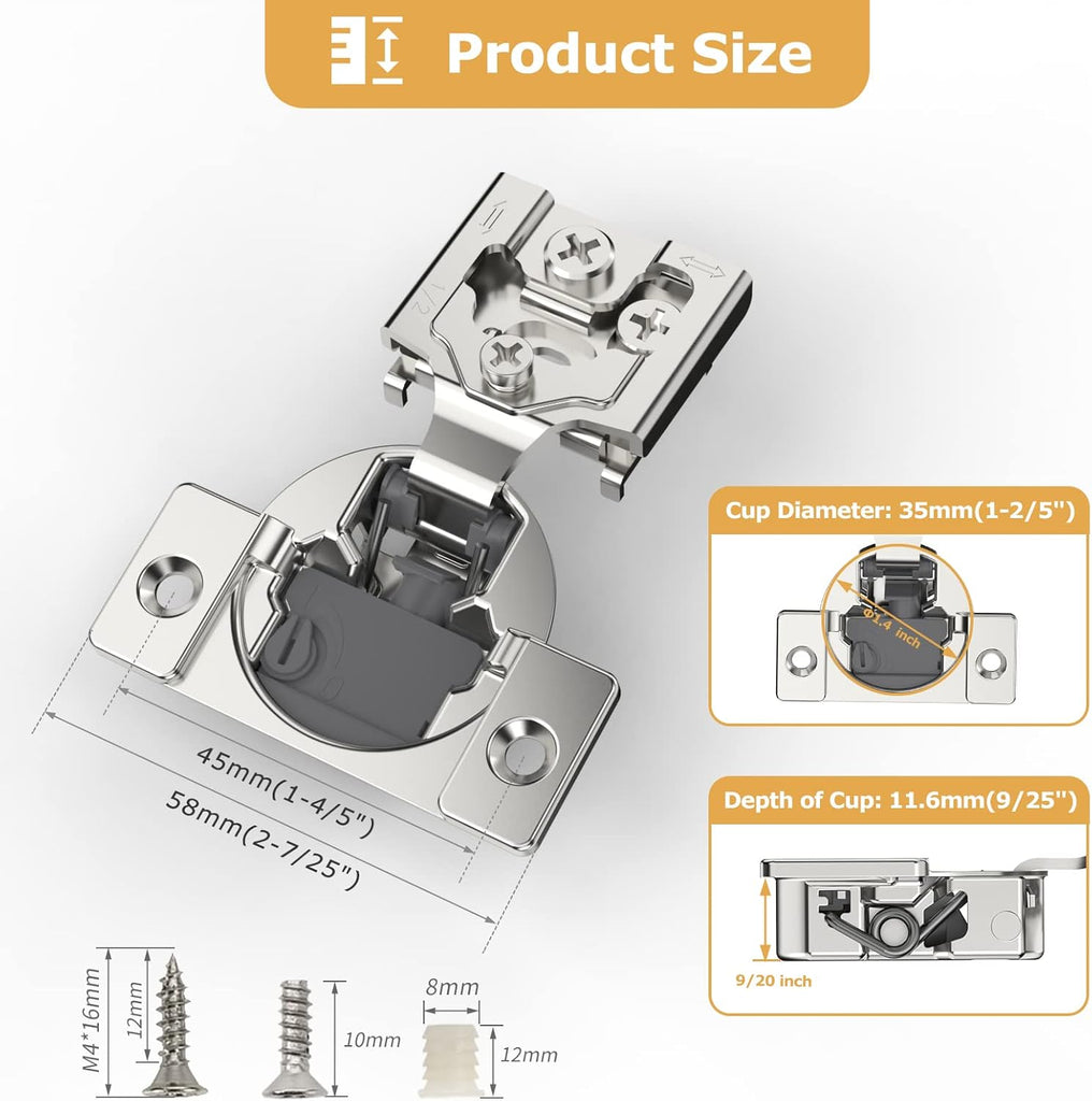 [Closing Speed Control] 10 Pack 1/2 Inch Overlay Soft Close Hinges for Face Frame Cabinet, 4D Adjustment, Stainless