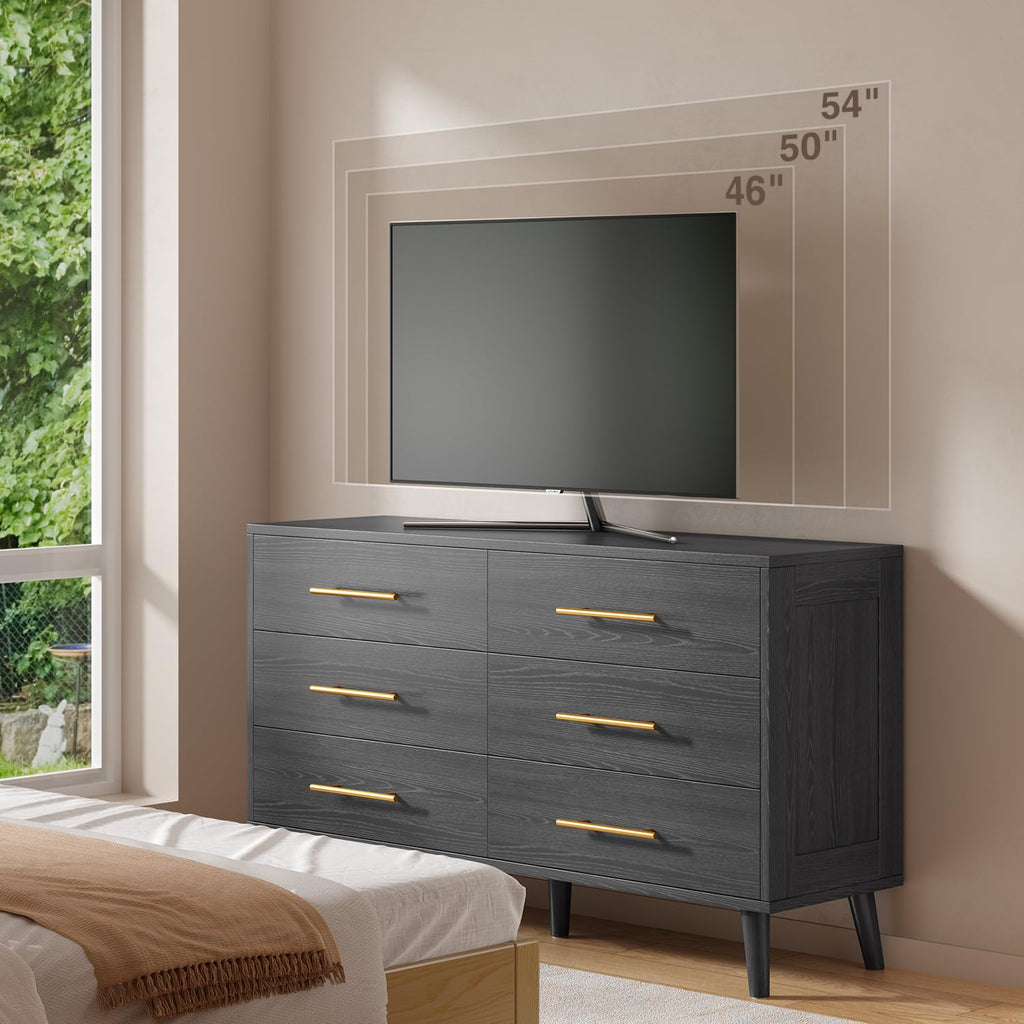 6 Drawer Dresser, Wood Chest with Metal Handles, Black