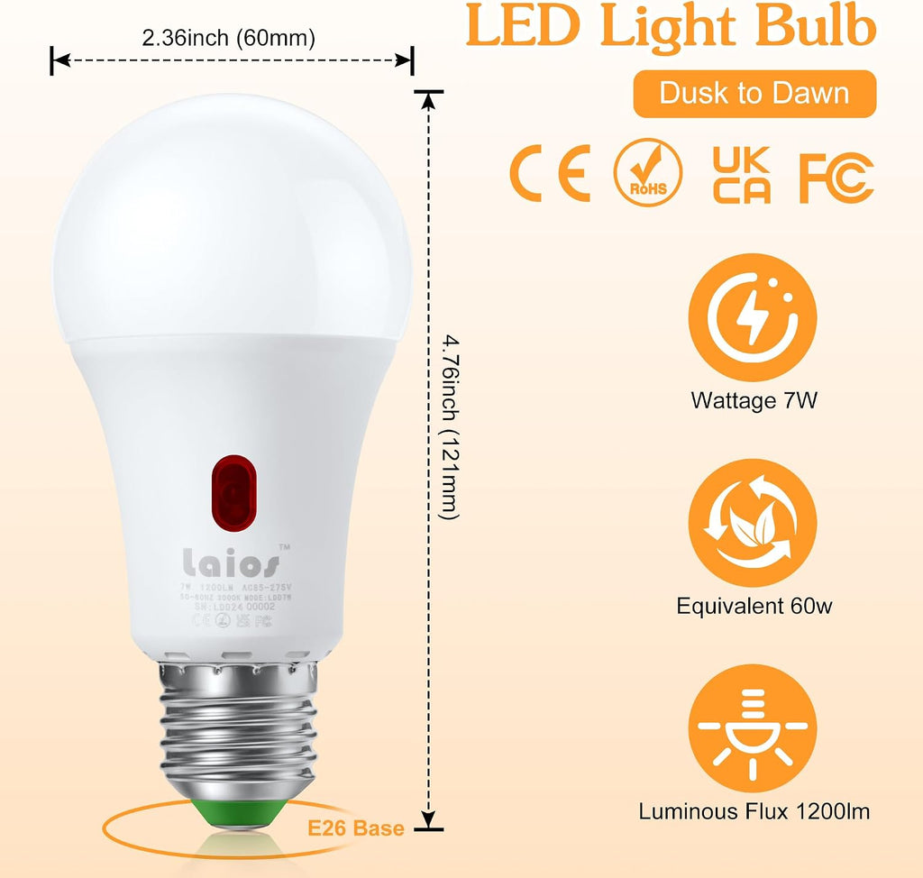 Dusk to Dawn Sensor E26 Light Bulb, 7W LED Outdoor Photocell Lighting Bulb, 1200lm Equivalent 60W,Daylight(5000K)