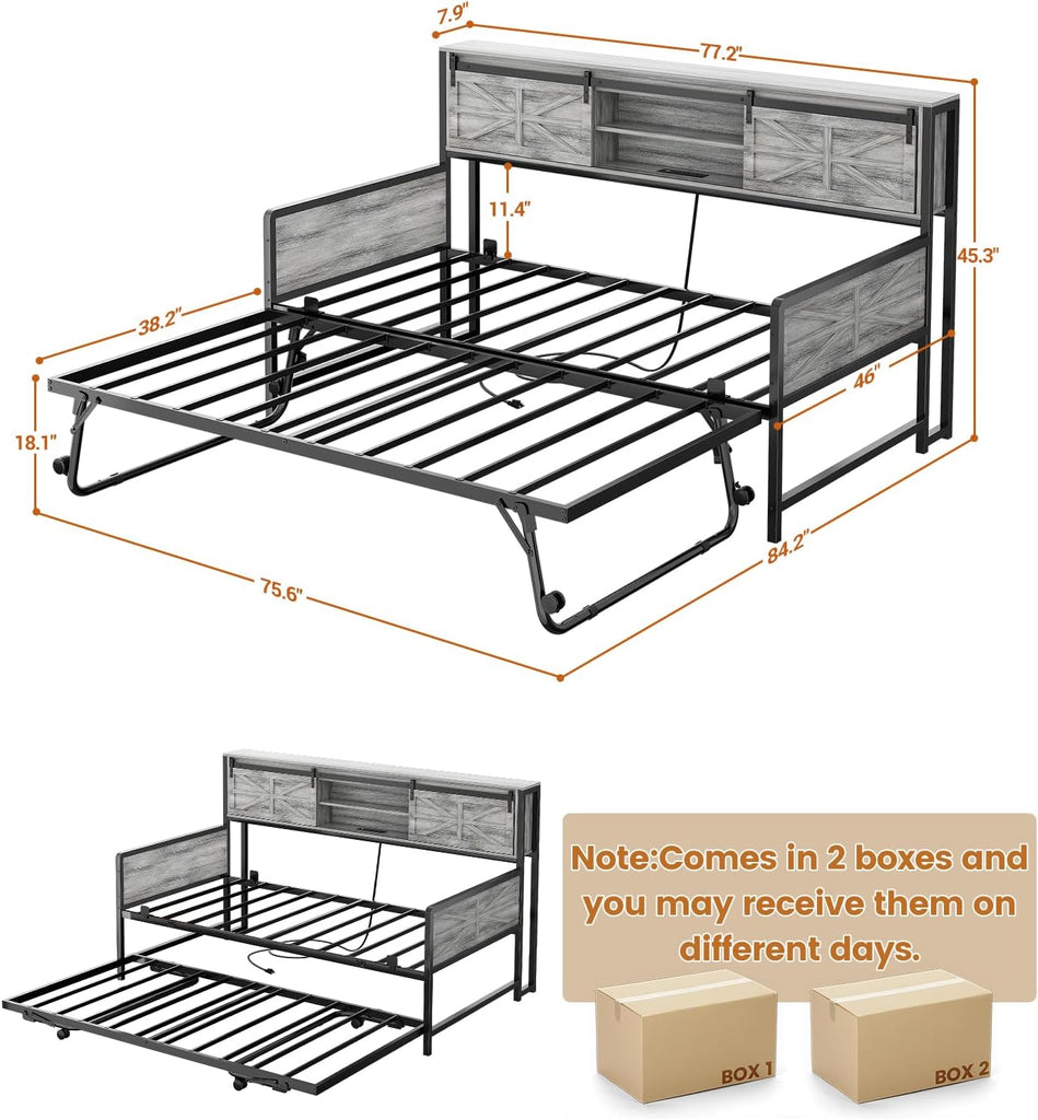 Farmhouse Twin Daybed with Pop-Up Trundle, Light Oak | Metal Trundle Bed Frame with Bookcase Headboard, Twin to King