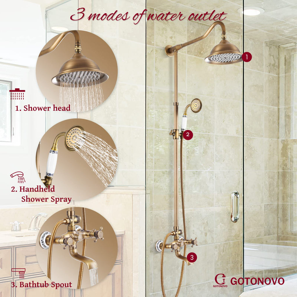 Vintage Exposed Shower Faucet Set with Tub Spout,Antique Brass
