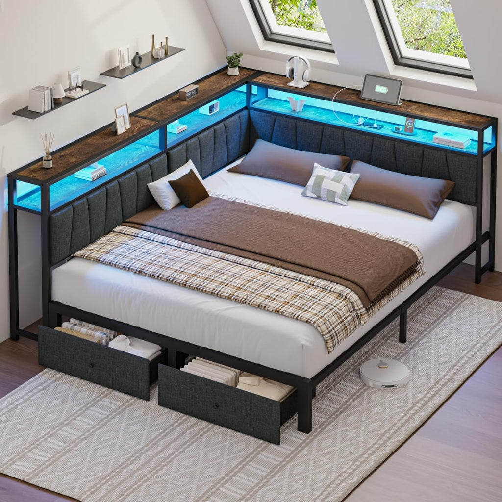 Queen Corner Bed Frame with Storage Drawers, Modern Daybed with LED Lights and Charging Station, Metal Platform Bed