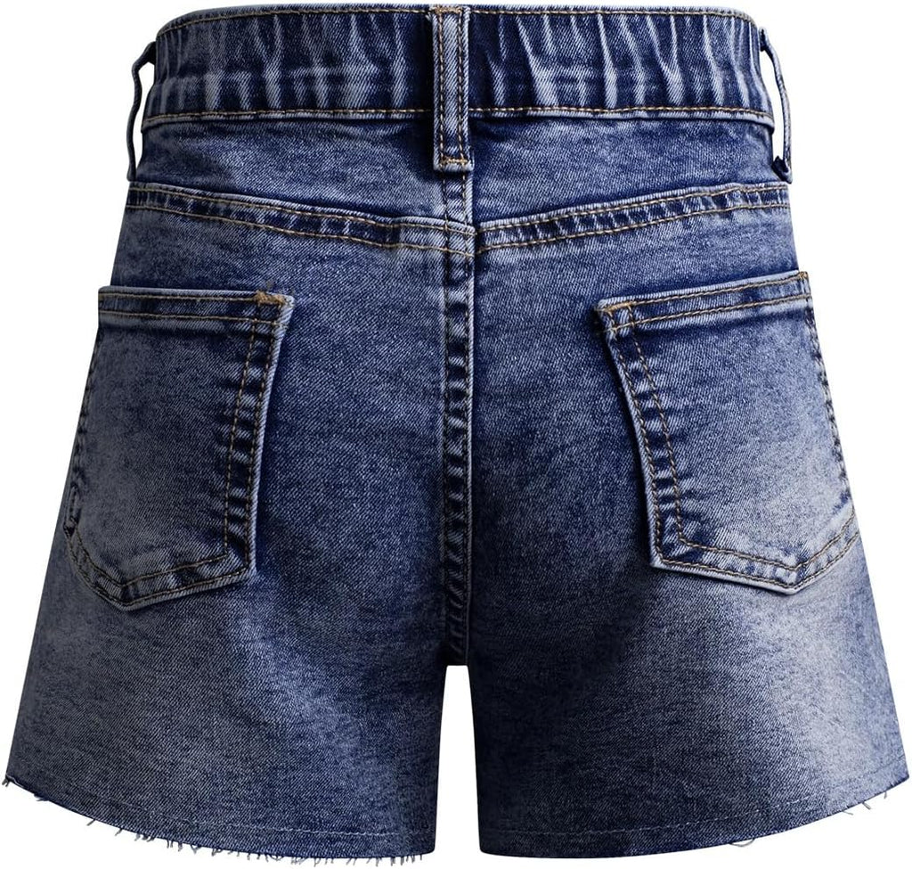 Girls Elastic High Waisted Denim Shorts Star Patched