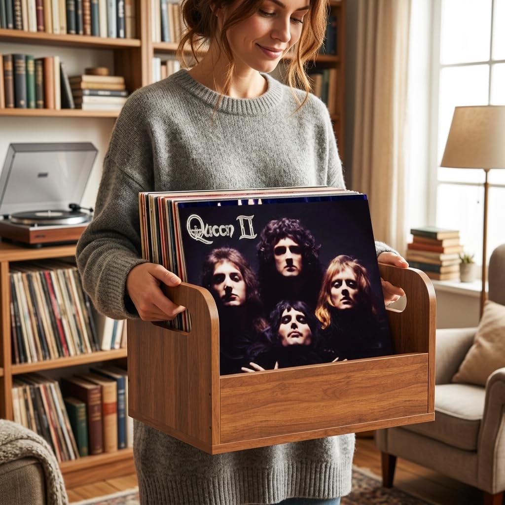 100% Solid Wood Vinyl Record Storage Retro & Sturdy Wooden Vinyl Crate