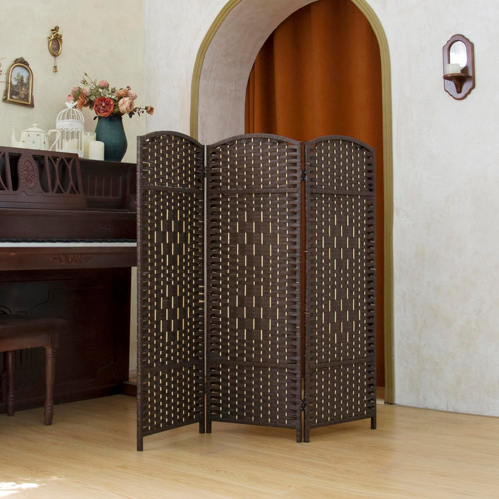 Compact 3 Panel Short Room Divider, 47.2 Inch Tall Double-Sided Rattan Folding Privacy Screen, Dark Brown